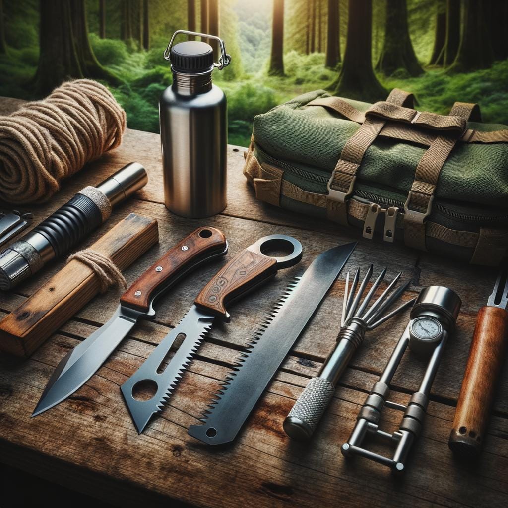 Bushcraft Tools knives, saws, axes, compass, firestarter kit