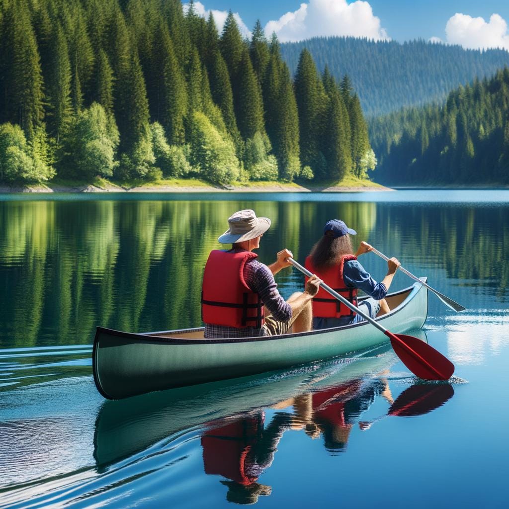 Canoeing 1 Adventure seekers enjoying peaceful canoeing on the serene lake during a summer afternoon