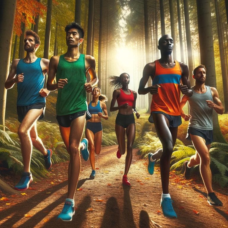 Cross Country Running 7 athletes running on challenging outdoor terrain in a competitive race