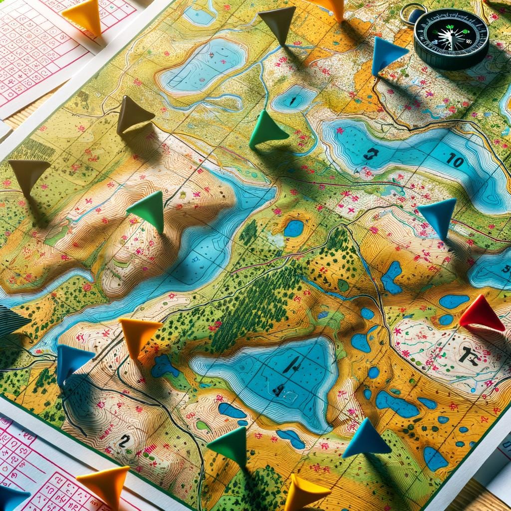 Detailed orienteering maps showing paths, terrain, and checkpoints for navigation contests