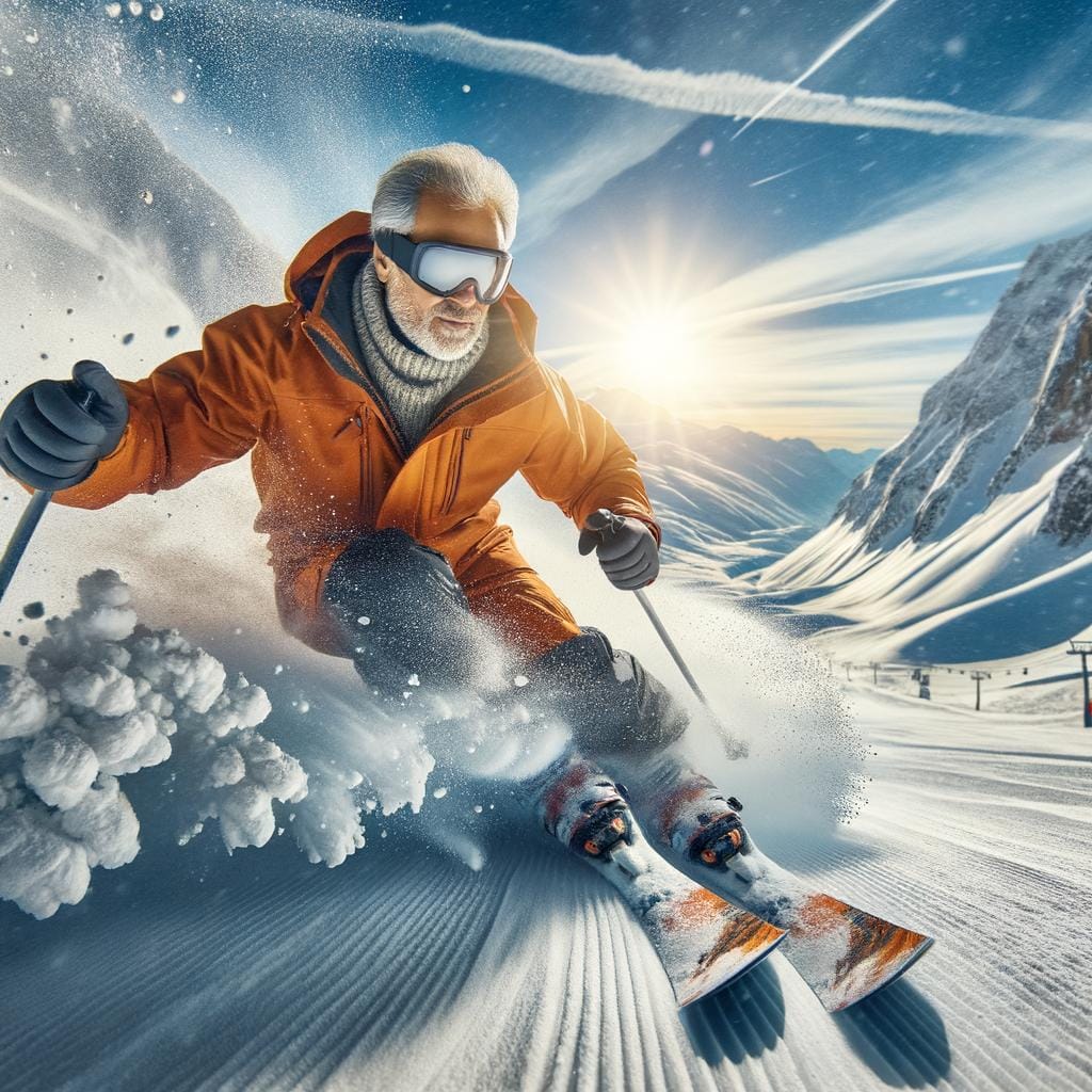 Exciting powder skiing adventure on a snowy mountain slope