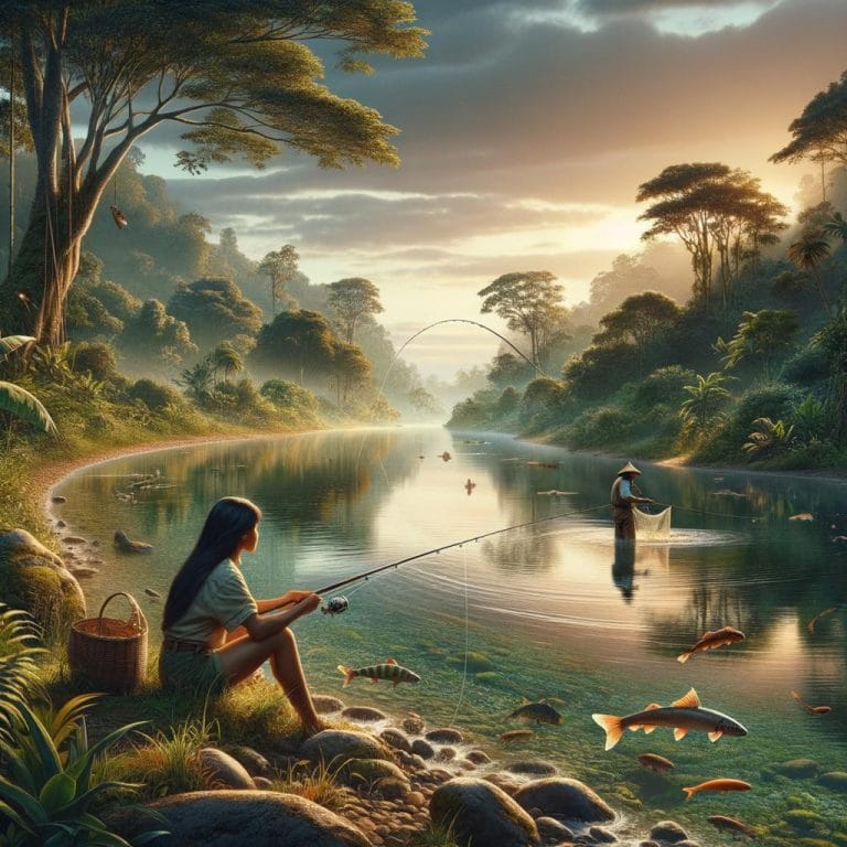 Picturesque river fishing scene with anglers casting lines for river fishing enthusiasts to enjoy