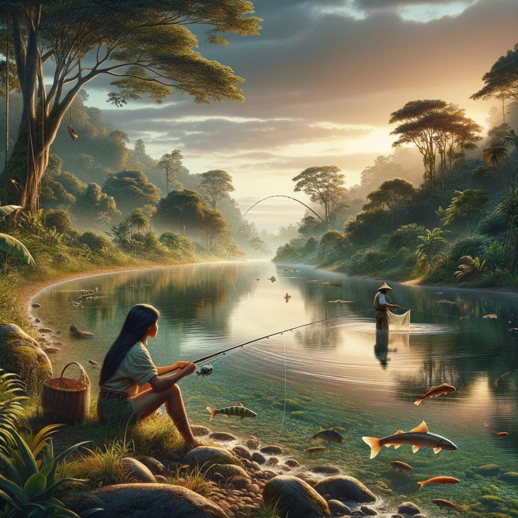 Picturesque river fishing scene with anglers casting lines for river fishing enthusiasts to enjoy