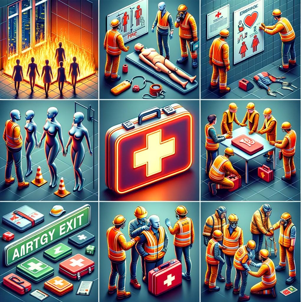 Safety protocols signage indicating emergency exits and procedures for staff and customers