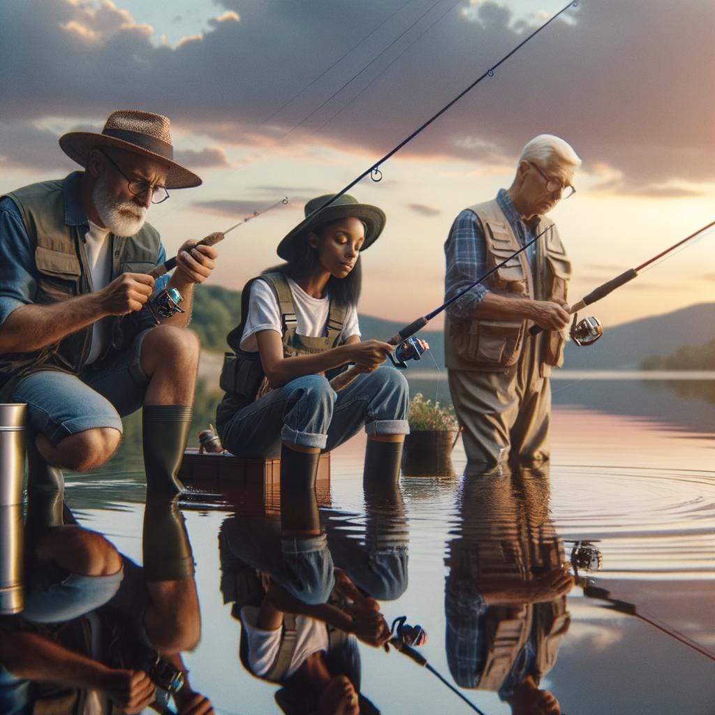 Angler reeling in a big catch on a sunny day by the lake