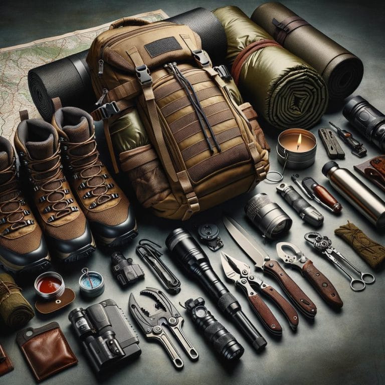 Essential survival gear for emergency situations, including first aid kit and water purification tablets