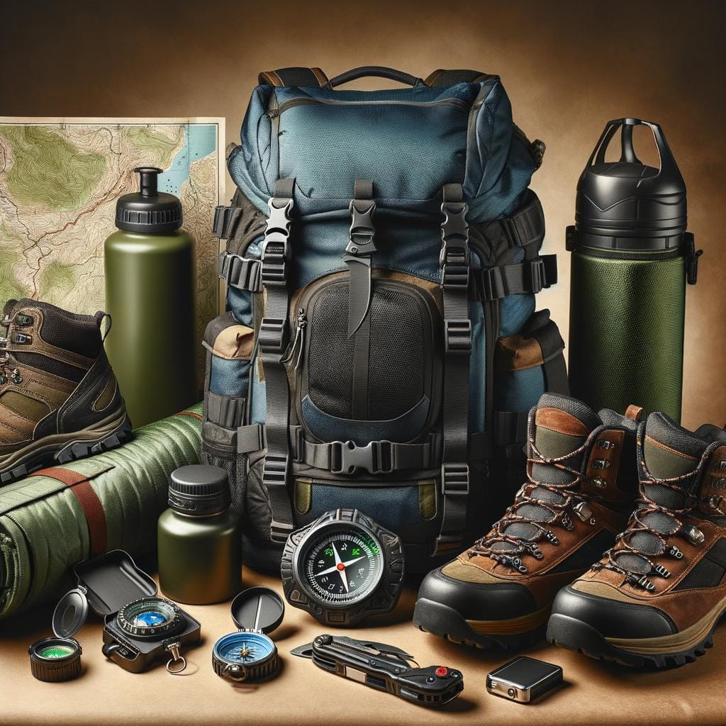 Trekking Equipment Essential trekking equipment including backpack, boots, and tent
